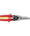 Heavy Duty Long Cut Aviation Snips With Rock Solid Chrome Blades Bolt Lock Tech And Comfy Cushion Grips For Smooth Shear Cuttin No Sweats Sheet Metal Work Jobsite Ready Gear Featuring Safe One Hand Lock And Bright Painted Handles, featuring red and yellow handles.