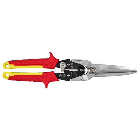 Heavy Duty Long Cut Aviation Snips With Rock Solid Chrome Blades Bolt Lock Tech And Comfy Cushion Grips For Smooth Shear Cuttin No Sweats Sheet Metal Work Jobsite Ready Gear Featuring Safe One Hand Lock And Bright Painted Handles, featuring red and yellow handles.