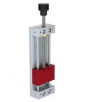 LONGFDX Wood Carving Vise For CNC Engraving Machine with polished guide rods and adjustable grip in silver and red color.
