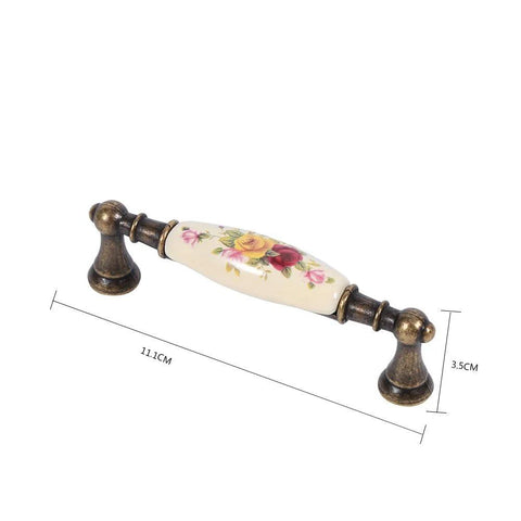 Vintage Ceramic Drawer Handles In Antique Bronze With Elegant Flower Pattern, European Retro Style Cabinet Knob, dimensions shown
