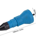 Heavy Duty Electric Rivet Gun Adapter for Cordless Drills with 4 Swappable Heads and Wrenches, showing blue body and measurements.