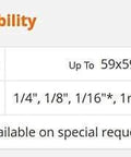 Expanded PTFE Sheet availability chart with sizes up to 59x59 inches and thicknesses from 0.5mm to 1/4 inch.