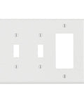 Three Gang White Nylon Wall Plate With Two Toggle Switches And One Decorator Cutout, Thermoplastic With Smooth Finish