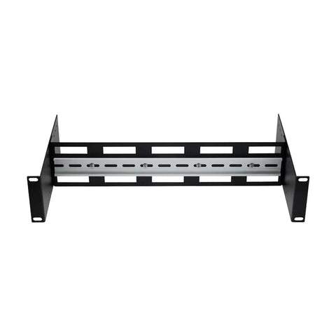 2U 19 Inch Din Rail Chassis Bracket Depth Adjustable Rackmount Kit In Aluminum front view, showing mounting slots and design.