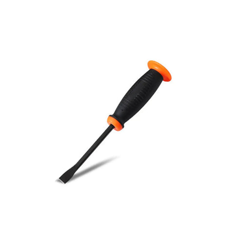 Heavy Duty Pry Bar Set With Thick Strike Caps And Industrial Grade Ergonomic Handles For Automotive Demolition And Nail Pulling Built Tough Rugged Metal Heads Non Slip Grips Rubber Sleeve Protection Crowbar Tool Kit showing single pry bar with black ergonomic handle and orange accents on white background
