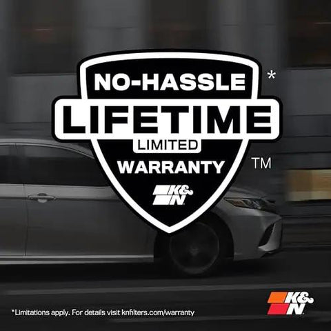 K&N no-hassle lifetime limited warranty badge with car in background.