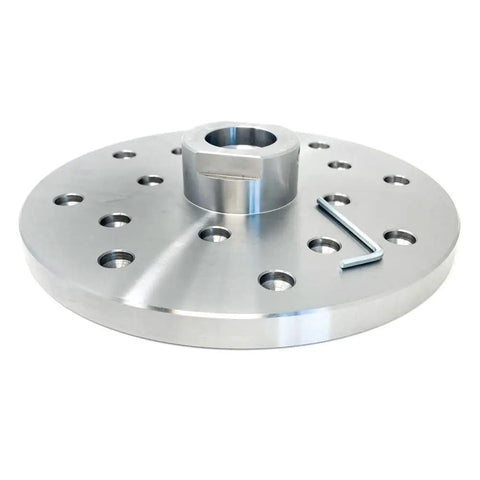 Heavy 1/2 Inch Thick Steel Wood Lathe Face Plate With 8 Inch Diameter, 1-1/4 Inch RH 8 TPI Threaded, showing 16 screw holes.