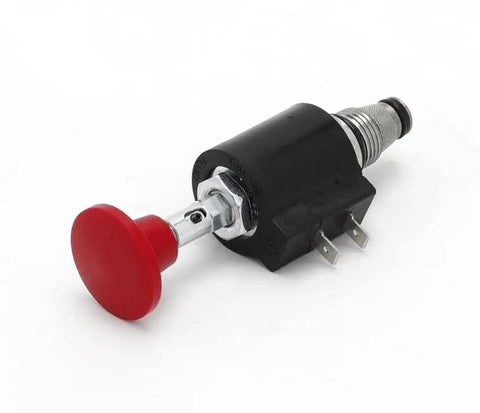 Kickass Genuine OEM Manual Lowering Valve For Genie Lift Gr 08 Gr 12 Gr 15 Sweet Hydraulic Control Part with red push button and black housing.