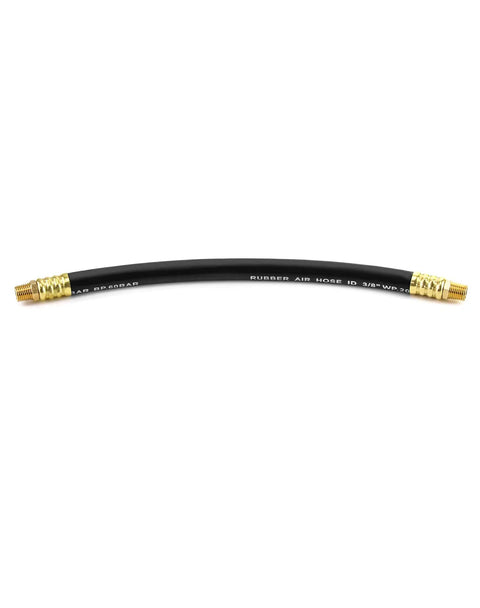 Built Tough Rubber Air Compressor Hose With Solid Brass Fittings And 300 Psi Max Pressure for shop use, black rubber, 13 inches long.