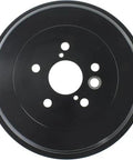 Front view of rear brake drum, black metal with bolt holes.