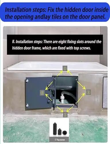 Installation steps showing Heavy Duty Concealed Pivot Hinge For Invisible Doors And Stone Access Panels with top screws.
