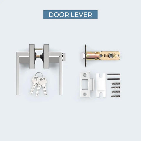 Three Piece Door Knob Set With Lock And Key In Polished Chrome, Modern bed bath exterior entry levers, installation hardware included