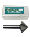 Chamfering drill bit, side view; 35mm diameter with straight shank and 90° chamfer next to plastic case