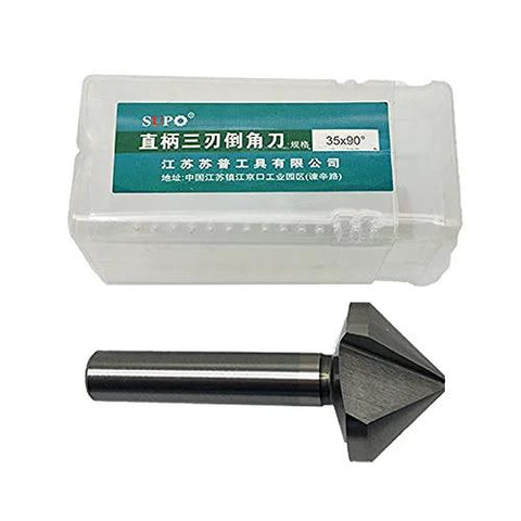 Chamfering drill bit, side view; 35mm diameter with straight shank and 90° chamfer next to plastic case