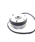 Forklift electromagnetic brake unit; round metal housing with black rubber seal and attached wiring cable, 48V