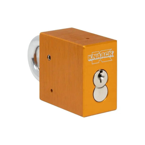 Heavy Duty Rolling Workbench Rig With Solid Heavy Gauge Steel Top And Watchman Iv Security Lock for secure garage tool storage, showing close-up of lock.