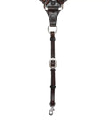 Western Contour Breast Collar Featuring Vintage Finish And Floral Hand Tooling Crafted From Top Shelf Double Ply Leather On Stainless Steel Hardware For Trail Hustle And Rodeo Grind, showing leather strap and stainless steel buckle.