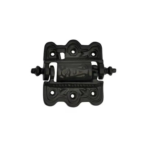 Heavy Duty Cast Iron Self Closing Spring Door Hinge Four Inch Black Powder Coated Finish with decorative design.