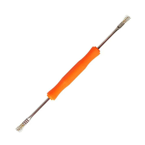Double-ended cleaning tool from Six In One Soldering And PCB Repair Tool Set with orange handle and metal bristle ends.