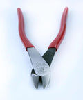 Klein Tools 8-Inch diagonal cutting pliers with red handles, angled head, high-leverage design