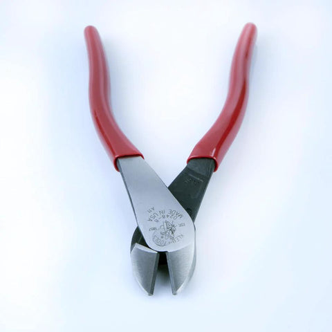 Klein Tools 8-Inch diagonal cutting pliers with red handles, angled head, high-leverage design