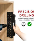 Milescraft CabinetMate shelf pin drilling jig, black metal, in use with drill on wooden cabinet.