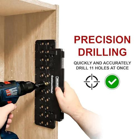Milescraft CabinetMate shelf pin drilling jig, black metal, in use with drill on wooden cabinet.