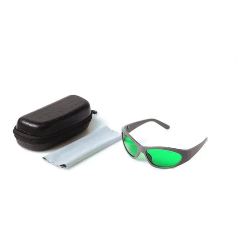Heavy Duty Laser Protective Glasses For Red Lasers Solid Kick Butt Eye Safety Gear With Optical Density Six Plus And Thirty Percent Light Transmittance with carrying case and cleaning cloth.
