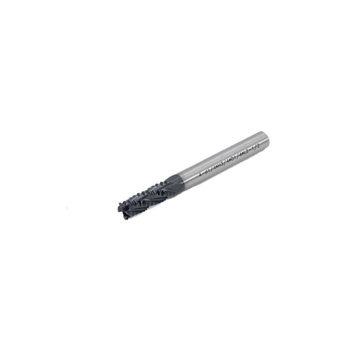 Roughing end mill, HSS, square-nose, 4-flute, 1/4 in shank, 3/4 in flute length.