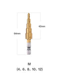 Titanium Coated Step Drill Bit With Quarter Inch Hex Shank Kicks Serious Ass Making Clean Holes Up To 32 MM In Steel Metal Wood Or Plastic, 64mm length.