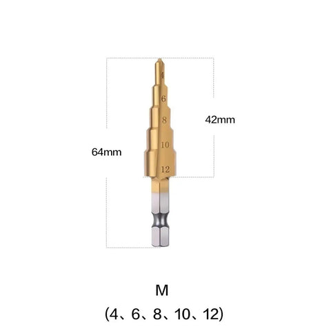 Titanium Coated Step Drill Bit With Quarter Inch Hex Shank Kicks Serious Ass Making Clean Holes Up To 32 MM In Steel Metal Wood Or Plastic, 64mm length.