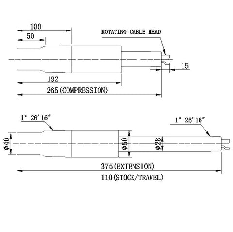 Technical diagram of Heavy Duty Rotating Cable Actuator Gas Lift Cylinder For Mirra Embody Setu Office Chairs with dimensions