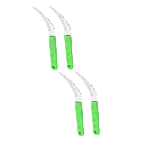 Go-To 4 Pack Stainless Steel Weeding Sickle Set with green handles for grass cutting, harvesting, and weeding in gardens and farms.