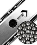 Close-up of Heavy Duty Keyboard Tray Slides 14 Inch Silver Cold Rolled Steel With Ball Bearing Action showing mechanical parts.