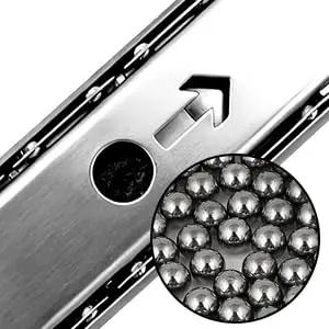 Close-up of Heavy Duty Keyboard Tray Slides 14 Inch Silver Cold Rolled Steel With Ball Bearing Action showing mechanical parts.