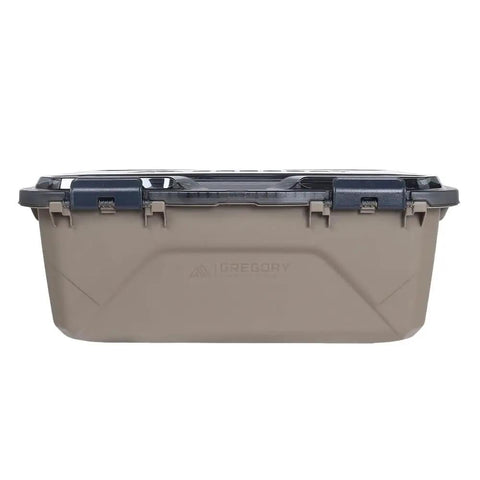 Front view of Alpaca 45L Waterproof Gear Box For Camping And Outdoor Organization With Clearview Removable Lid Mirage Tan