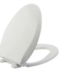 Premium White Elongated Toilet Seat Featuring Silent Slow Close Hinges Crafted From Tough Polypropylene With Zero Wiggle Room Rock Solid Construction, angled view.