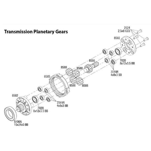 Diagram of CNC Hardened Steel Planetary Gear Housing for UDR RC Car showing internal gearbox components and bearings