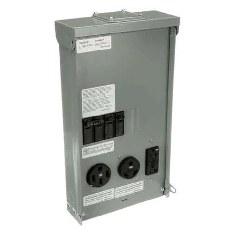 Weatherproof Single-Unit RV Power Outlet 100A Unmetered NEMA 3R Surface-Mount Box with breakers and receptacles, side view