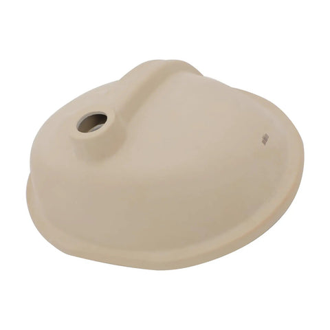 Underside view of a white square vessel sink for bathroom 15 by 15 inch ceramic porcelain above counter vanity basin with glossy finish.