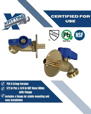 1/2 Inch Pex B To 3/4 Inch Ght Hose Bibb Solid Brass Garden Valve With Flange Nsf Certified Adapter showing crimp connection and blue flange.