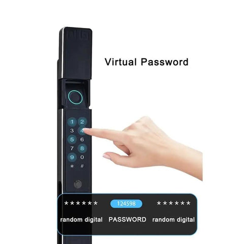 Waterproof Smart Fingerprint Password Biometric Auto Lock for Outdoor Push Pull Sliding Doors Mortise with digital keypad and hand entering code.