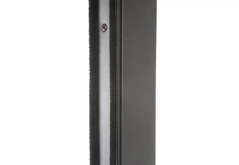 Close-up of 0.312 Inch Adjustable Astragal Replacement Pile Weatherstrip, black fiber pile on door edge for blocking air and dust.
