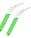 Curved scythes with green handles from Six-Piece Gardening Tools Set For Weeding And Harvesting Scythe Root Removal Grass Cutting Flower Beds