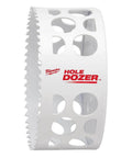 Milwaukee Hole Dozer 4-1/8in ice-hardened hole saw, side view with white perforated body and red logo