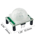 10 Pack HC SR501 PIR Motion Sensor Module with adjustable delay, dimensions labeled in millimeters, used for home security and auto lighting.