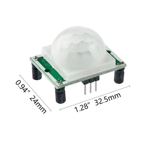 10 Pack HC SR501 PIR Motion Sensor Module with adjustable delay, dimensions labeled in millimeters, used for home security and auto lighting.