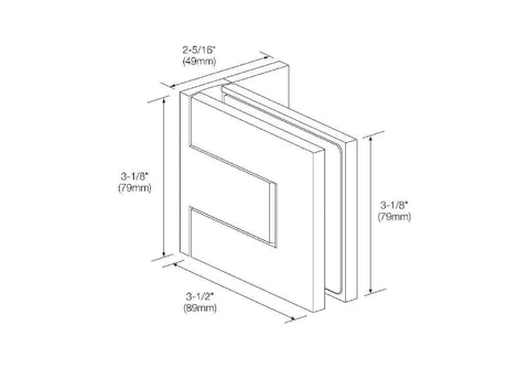 Technical diagram of Palermo Matte Black Adjustable Wall Mount Offset Back Plate Hinge for Glass Doors, showing dimensions and structure.