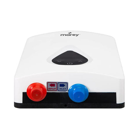 Front view of Electric Tankless Water Heater 11kW 240V with smart controls, red and blue connection knobs visible.
