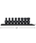 8 Pc Three Eighths Inch Drive 6 Point Universal Impact Socket Set SAE Built For Tough Jobs With CrMo Steel Construction Off Corner Loading Reduces Fastener Rounding Durable Auto Shop Gear For Pros displayed on holder with dimensions